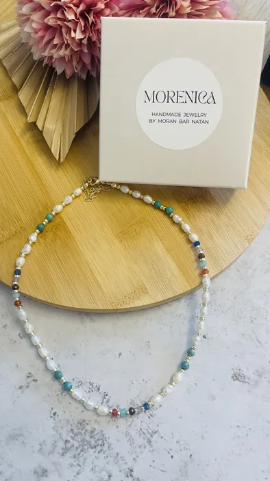 שרשרת פנינים אבני אגת וטורקיז